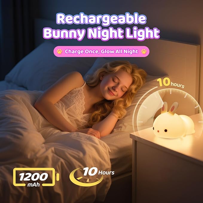 One Fire Bunny Toys for Kids Night Light for Kids, 16 Colors Cute Lamp, Soft Silicone Baby Night Light, 1200mAh Portable Dimmable Touch Lamps, Kawaii Room Decor, Christmas Gifts for College Girls