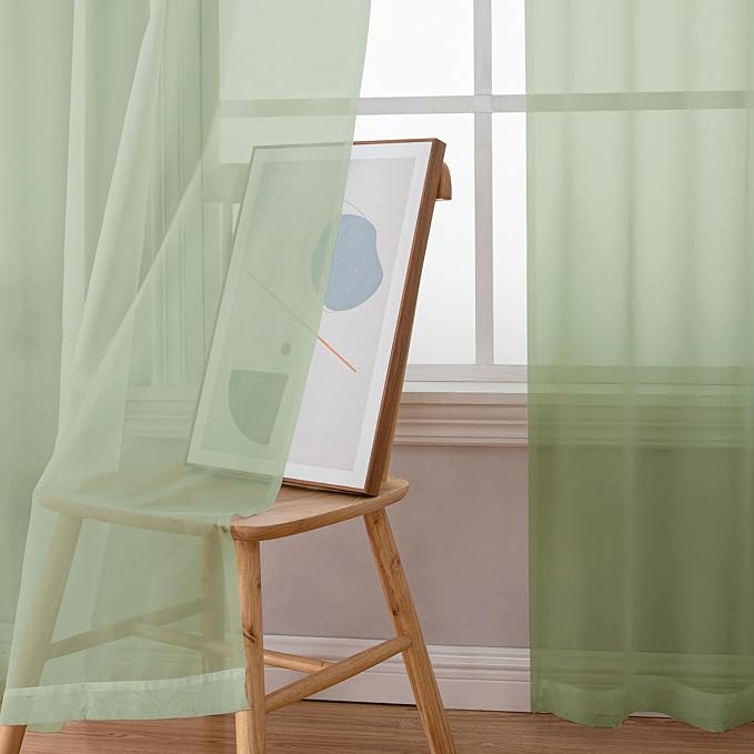 Chyhomenyc Light Green Sheer Curtains 63 Inches Long 2 Panels Set- Light Filtering Curtains for Bedroom, Soft Airy Voile Rod Pocket Living Room Window Drapes, 42Wx63L Inches, 2 PCS
