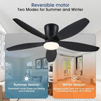 48" Ceiling Fans with Lights-Low Profile Ceiling Fan with Light and Remote/APP Control, Black Flush Mount Ceiling Fans,DC Reversible,LED Dimmable