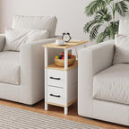 Narrow Side Table for Small Spaces, Skinny End Table with Charging Station, Sofa Beside Table with 2 Fabric Drawers and 1 Open Compartment, Slim Nightstand with USB Ports Outlet, White and Nature Wood