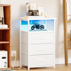 Fixwal White Nightstand with Charging Station, LED Night Stand with 3 Fabric Drawers and Open Shelf, Bedside End Table in Living Room