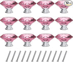 Tomorotec 12-Pack 40mm Crystal Pink Glass Cabinet Drawer Pulls, Diamond Drawer/Cupboard Knobs with Screws, Crystal Knobs w/Silver Base, Home Decor for Kitchen, Dresser, Wardrobe, Desk (1.6 in / 40mm)
