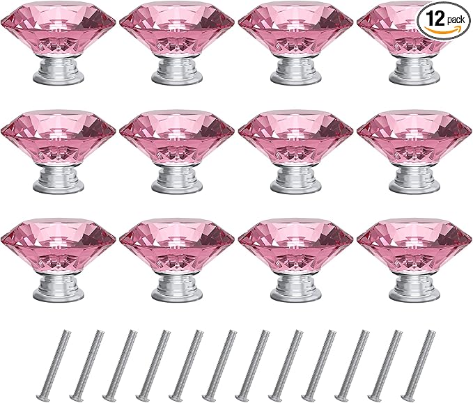 Tomorotec 12-Pack 40mm Crystal Pink Glass Cabinet Drawer Pulls, Diamond Drawer/Cupboard Knobs with Screws, Crystal Knobs w/Silver Base, Home Decor for Kitchen, Dresser, Wardrobe, Desk (1.6 in / 40mm)
