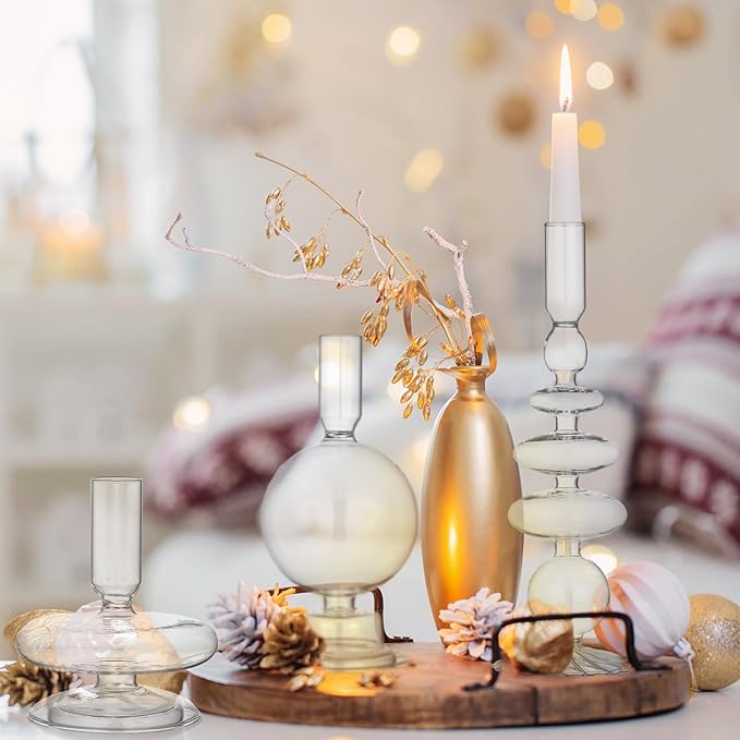 Rtteri 3 Pcs Glass Candlestick Holders Glass Candle Holders Groovy Wavy Elegant Taper Candle Stick for Wedding Home Birthday Party Christmas Halloween Decoration Windowsill Decor(Clear)