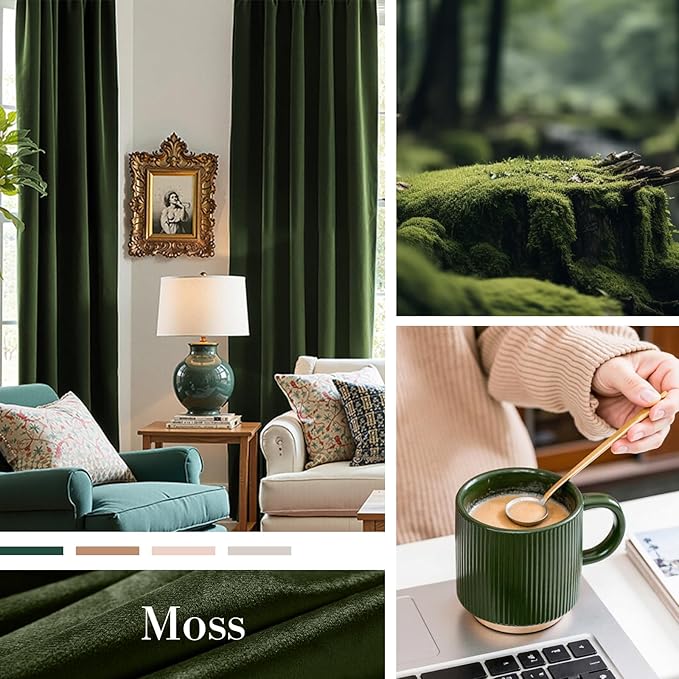 Lazzzy Velvet Blackout Curtains Thermal Insulated Room Window Drapes Super Soft Luxury Curtains for Living Room Bedroom Rod Pocket 2 Panels, Moss, 42" W x 84" L