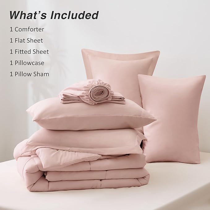 Love's cabin Twin XL Comforter Set Blush Pink, 5 Pieces Twin XL Bed in a Bag, All Season Bedding Sets with 1 Comforter, 1 Flat Sheet, 1 Fitted Sheet, 1 Pillowcase and 1 Pillow Sham
