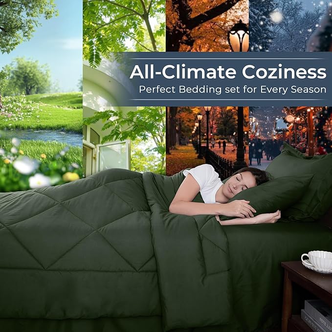 HEVUMYI Army Green Twin Comforter Set - 5-Piece All Season Bed in a Bag Twin, Ultra Soft Bedding Set with Comforter, Flat Sheet, Fitted Sheet, Pillowcases, Pillow Shams