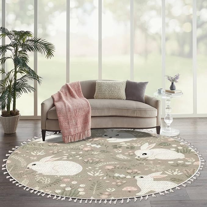 Round Rugs Forest Rabbits Floral Elements Cute Hand Drawn Rabbit Boho Area Rug Linen and Cotton Carpet Meditation Rug