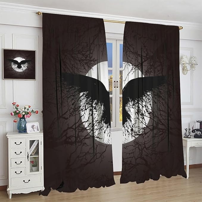 Cool Raven Print Curtains - Vintage Nordic Viking Theme Dead Tree Crow Full Moon Thermal Insulated Blackout Curtains - Rod Pocket Window Treatment Drapes for Bedroom 2 Panels 84L x 42W