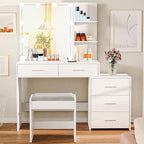 usikey 43.5in Large Vanity Desk with Mirror and 10 LED Lights, Makeup Vanity Table with Lights and 5 Drawers, White Vanity Table Vanity Set with Storage Shelves and Stool for Women Girls, White