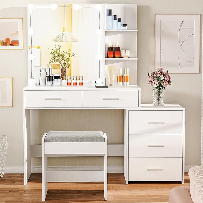 usikey 43.5in Large Vanity Desk with Mirror and 10 LED Lights, Makeup Vanity Table with Lights and 5 Drawers, White Vanity Table Vanity Set with Storage Shelves and Stool for Women Girls, White