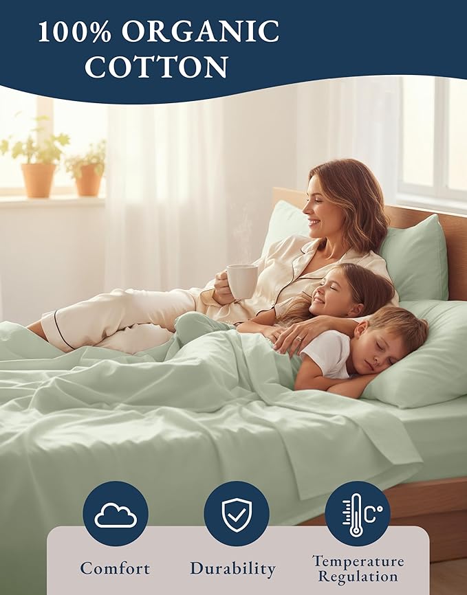 LANE LINEN Bedsheets California King Size Bed - 4Pc 100% Organic Cotton Cal King Bed Sheet Set, Soft Cooling Sheets, 15" Deep Pocket Cal King Sheets, Oeko Tex Certified - Mineral