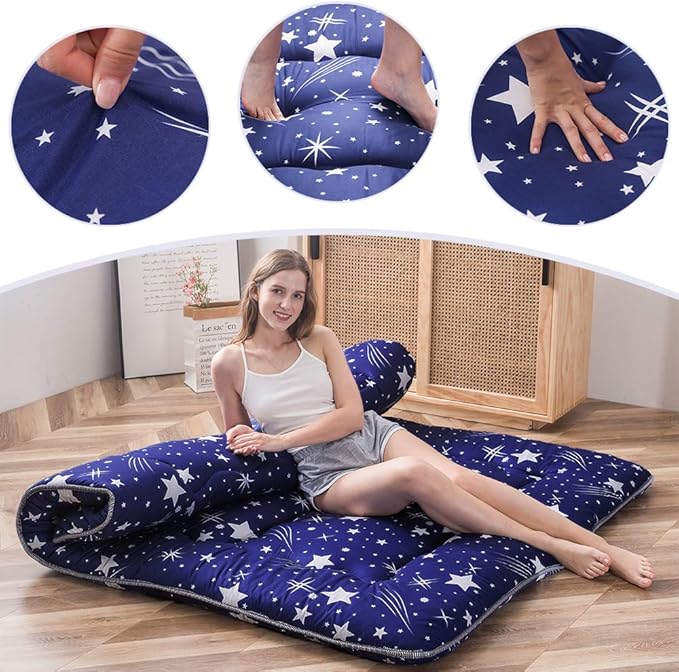 MAXYOYO Navy Starry Sky Japanese Floor Futon Mattress, Tatami Floor Mat Portable Camping Mattress Kids Sleeping Pad Foldable Rolling Up Floor Lounger Couch Bed Queen with Mattress Protector Cover