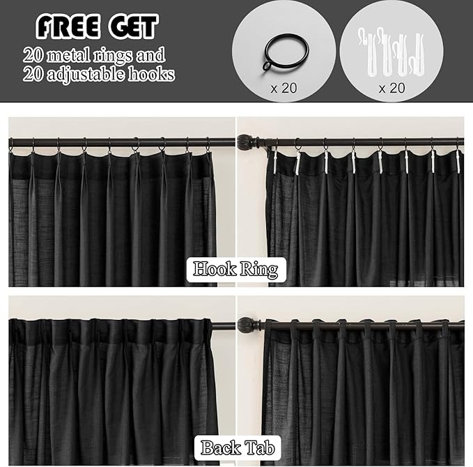 Black Linen Sheer Pinch Pleated Sliding Door Curtains, 2x50 Inches Width, Neutral Light Filtering Drapes 102 Inches Long, Textured Modern Farmhouse Floor to Ceiling Window Curtain Panels