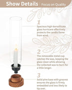 NUPTIO Dripless Taper Candle Holders with Wax Catchers: Set of 2 Hurricane Glass Candlestick Holders with Metal Bobeches for Easier Reuse - Brown Wood Modern Table Centerpiece for Outdoor Dinner