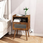 Mid Century Modern Nightstand with Charging Station, Bedside Tables with Glass Door, End Table Side Table with 2 Tiers Storage Space, for Bedroom, Living Room, Brown