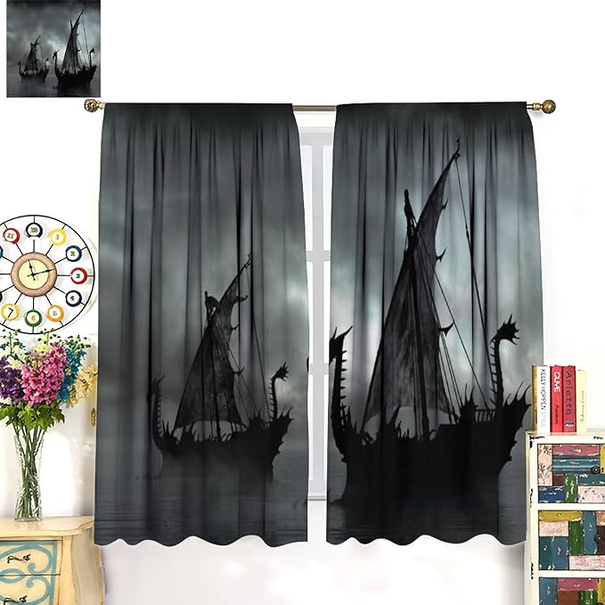 Viking Ship Blackout Curtains,Gloomy Misty Lake Landscape Fantasy Black White Color Sailing Dragon Boat Window Drapes for Boys Girls Bedroom Living Room,Norse Decor 63x72in