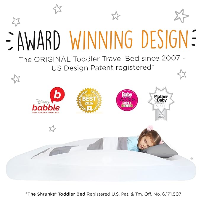 The Shrunks Toddler Travel Bed Portable Inflatable Air Mattress Blow Up Bed for Indoor/Outdoor Camping, Backyard, Hotel, or Home Use Kids/Toddler Floor Bed with Side Bed Rails and Electric Pump Grey