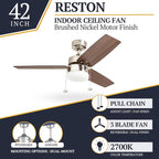 Prominence Home Reston, 42 Inch Modern Farmhouse LED Ceiling Fan with Light, Pull Chain, Dual Mounting Options, Dual Finish Blades, Reversible Motor - 51014-01 (Brushed Nickel)