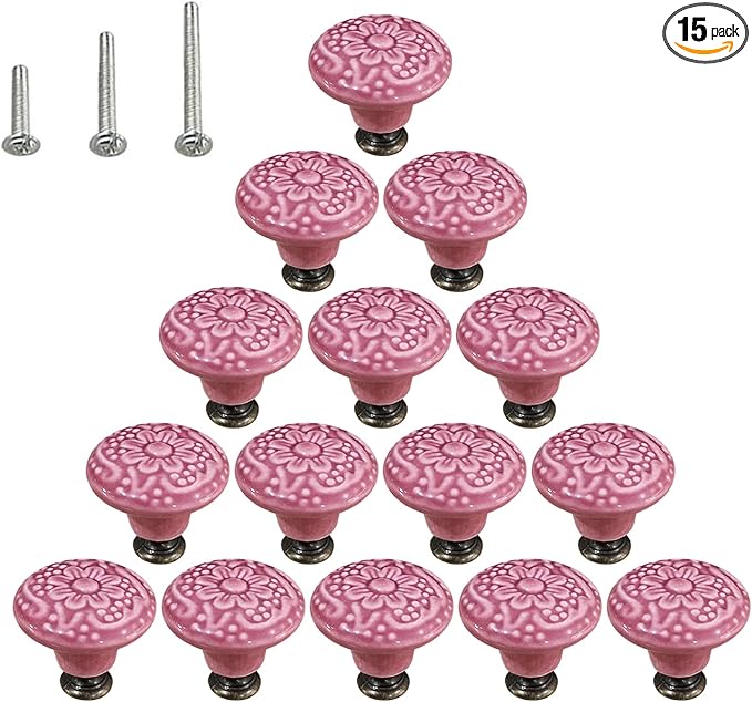HUAMULAN 15 PCS Cabinet Knobs Glossy Ceramic Dresser Mushroom Table Drawer Cupboard Pull Furniture DIY Wardrobe Solid Color Vintage Handle,with 3 Size Mounting Screws