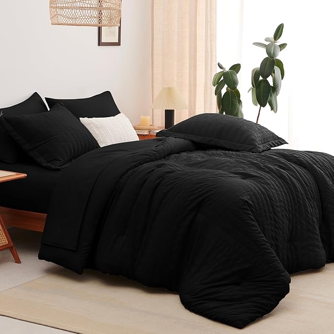 CozyLux Oversized Queen Comforter Set Black Seersucker 7 Pieces 98x98 Bed in a Bag Comforter Set with Sheets, Luxury Soft Bedding Sets with Down Alternative Comforter, Sheets, Pillowcases & Shams