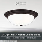 DESIGNERS FOUNTAIN Reedley 3-Lights Flush Mount Ceiling Light, 15 Inch Lighting Fixture for Kitchen, Bedroom, Bathroom, and Hallway, Oil Rubbed Bronze with Etched Glass, 1257L-ORB-W