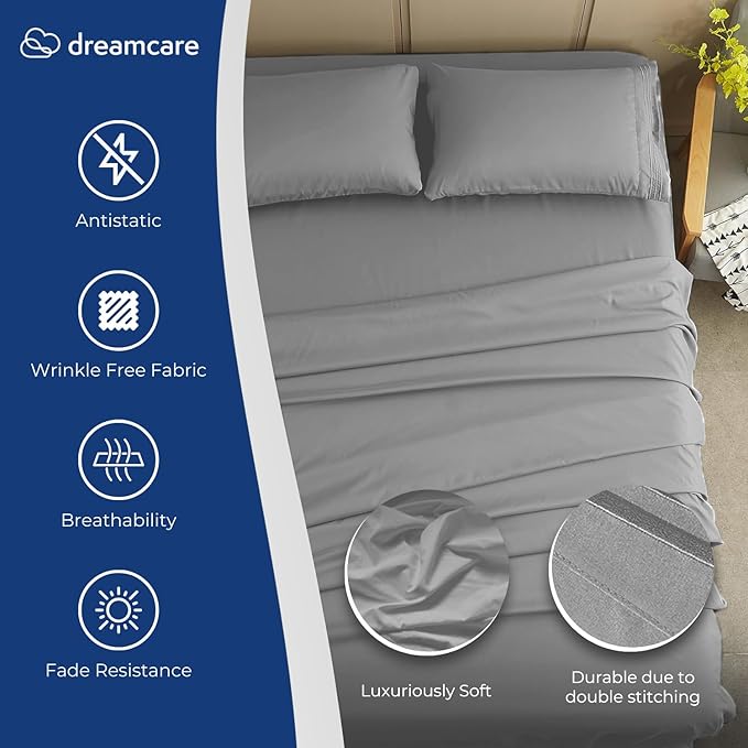 DREAMCARE California King Sheet Sets - Cooling Bed Sheets - 4pcs Set - up to 15" Deep Pocket Cal King Sheets - California King Sheets - Soft & Lasting 100% Brushed Polyester with Side Pocket - L Gray
