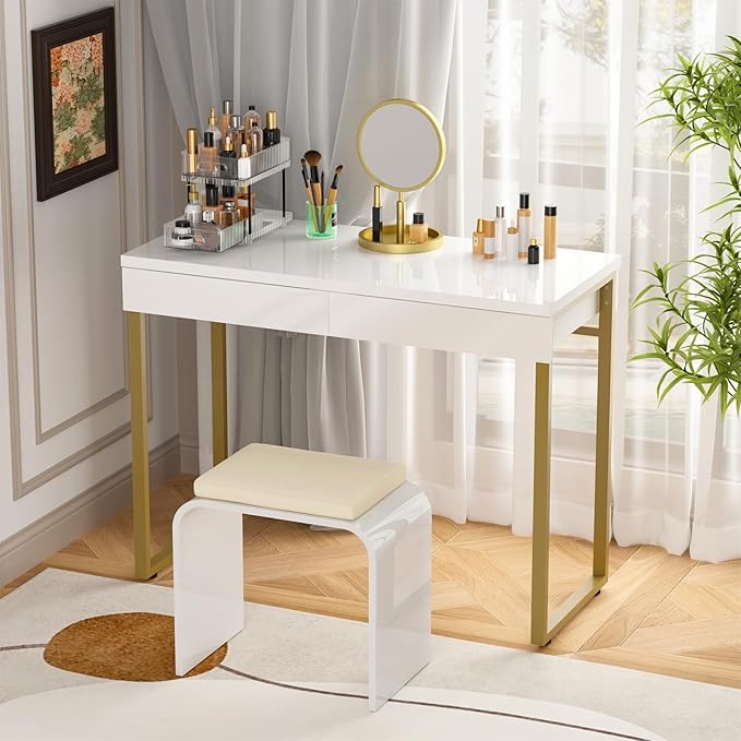 GreenForest Vanity Desk with 2 Drawers,47 inch White Desk with Glossy Desktop Easy Clean,Makeup Dressing Table with Metal Gold Legs for Home Office Small Spaces,Bedroom