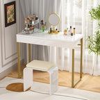 GreenForest Vanity Desk with 2 Drawers,39 inch White Desk with Glossy Desktop Easy Clean,Makeup Dressing Table with Metal Gold Legs for Home Office Small Spaces,Bedroom