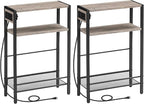 HOOBRO Small Narrow Side Table with Charging Station Set of 2, Skinny End Table for Small Spaces, Slim Nightstand with USB Ports Outlet, Sofa Beside Table with Storage Shelf BG102UBZP201