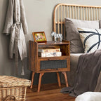 Lerliuo Rattan Nightstands Set of 2, Boho Side Table with Drawer Open Shelf, Cane Accent Bedside End Table with Solid Wood Legs for Bedroom, Dorm and Small Spaces (Brown)