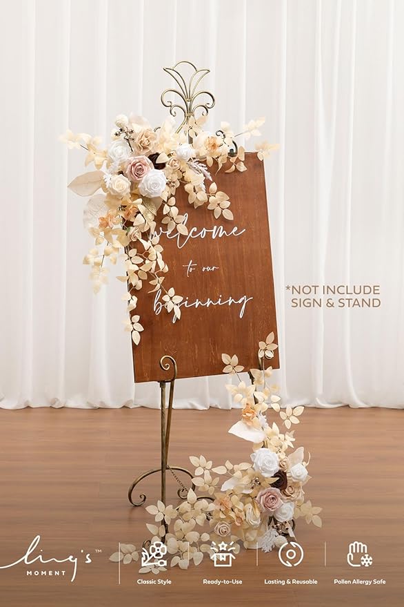Ling's moment 2pcs Wedding Flowers Garland Artificial Floral Swag Arch Decorations Greenery Arrangements White & Beige Ceremony Reception Garden Easel Wall Entryway Outdoor Board(NOT Include Sign)