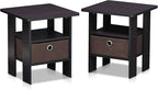Furinno Andrey Set of 2 End Table / Side Table / Night Stand / Bedside Table with Bin Drawer, Dark Walnut