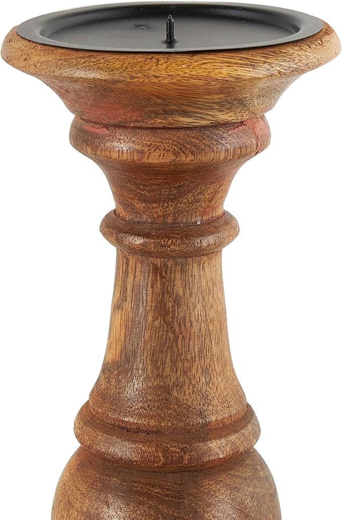 Deco 79 Mango Wood Decorative Candle Holder Turned Style Pillar Candle Stand, Set of 3 Candlestick Holder 10",8",6"H, Brown