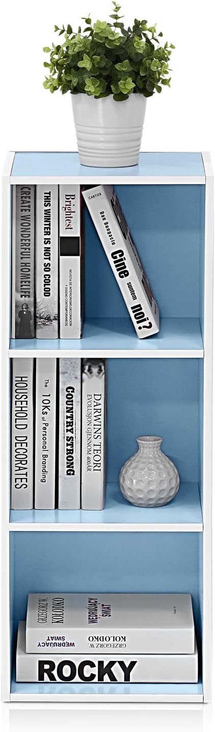 Furinno LUDER Book Shelf, 3-Cube Bookshelf, Bookcase, 9.3" x 12" x 31.5", for Living Room, Bedroom, Home Office, White/Light Blue