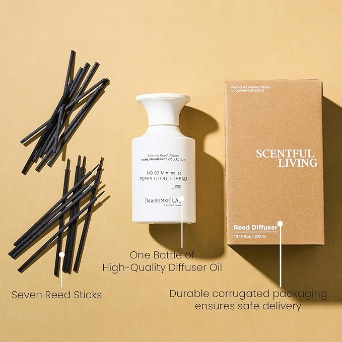 M&SENSE Minimalist Large Reed Diffuser 300ml, Puffy Cloud Dream Scented with Natural Essential Oils, Long Lasting with 7 Sticks, Non-Toxic Home Fragrance for Bedroom, Bathroom Decor