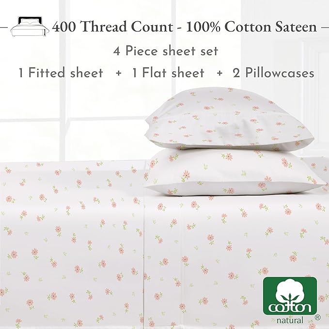 California Design Den Full Size Bed Sheets Set - 400 Thread Count Sateen, Natural 100% Cotton Sheets, Deep Pocket Cooling and Durable Bedding - Soft Floral