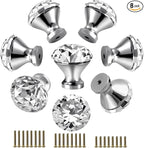 30mm Kitchen Cabinet Knobs Drawer Pull Handle Hardware, Crystal Clear Glass Round Diamond Shape Dresser Closet Bi-fold Door Bathroom Cupboard Desk Nightstand Bookcase Furniture Drawer Knob Set （8PCS）