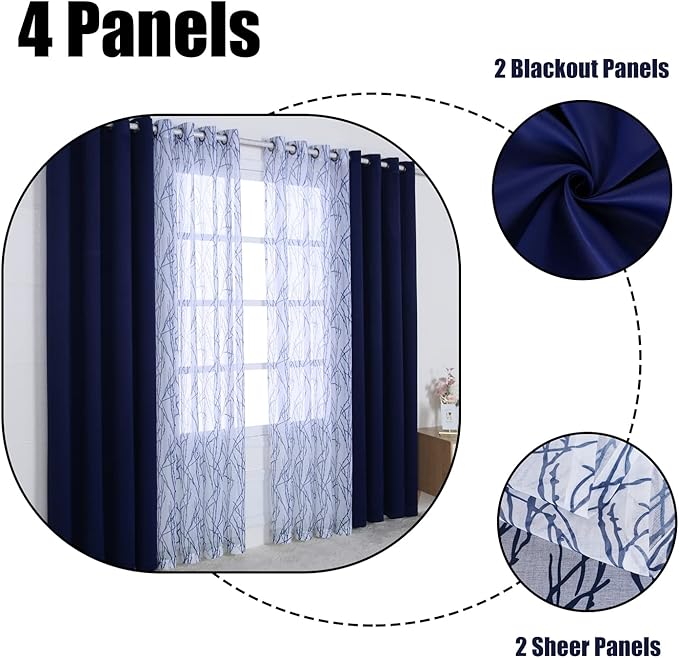 BONZER Mix and Match Curtains - 2 Pieces Branch Print Sheer Curtains and 2 Pieces Blackout Curtains for Bedroom Living Room Grommet Window Drapes, 37x95 Inch/Panel, Indigo, Set of 4 Panels