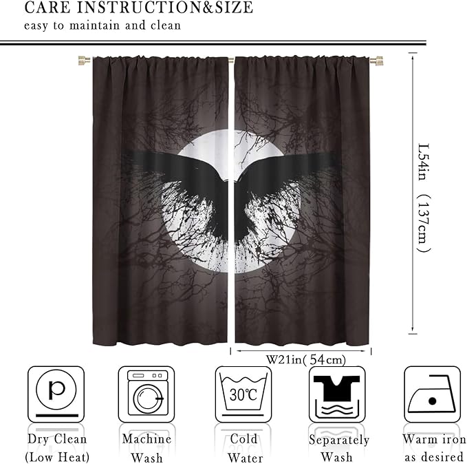 Cool Raven Print Curtains for Bedroom - Vintage Nordic Viking Theme Dead Tree Crow Full Moon Window Drapes,Energy Saving Thermal Insulated Rod Pocket Bedroom Blackout Curtains 2 Panels 54L x 21W
