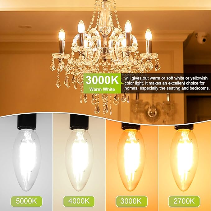Dimmable Candelabra LED Light Bulb 40W Equivalent, E12 Chandelier Light Bulbs Warm White 3000K , 400LM, CRI 85+, B11 Type B Ceiling Fan Bulb 4W, Clear Filament Candle Light Bulbs Small Base, 10 Pack