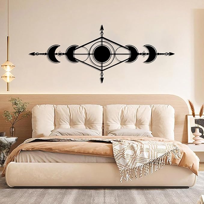 Hfrolixit Moon Phase Metal Wall Decor, Boho Moon Metal Wall Art, Celestial Wall Decor, Scandinavian Natural Wall Art, Astrology Wall Hanging (Silver, 30"x12"/76x31cm)