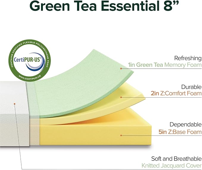 ZINUS 8 Inch Green Tea Essential Memory Foam Mattress, Full, Mattress in A Box, Affordable Mattress, CertiPUR-US Certified