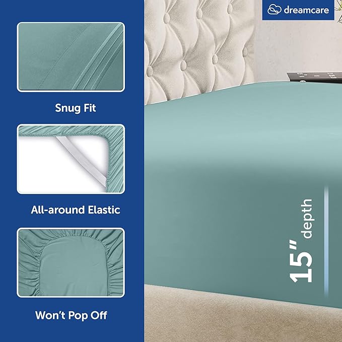 DREAMCARE Queen Size Sheets - Cooling Bed Sheets - 4pcs Set - up to 15" Deep Pocket Queen Sheet Set - Sheets Queen Size Bed - Soft & Long Lasting 100% Fine Microfiber with Side Pocket - Spa Blue