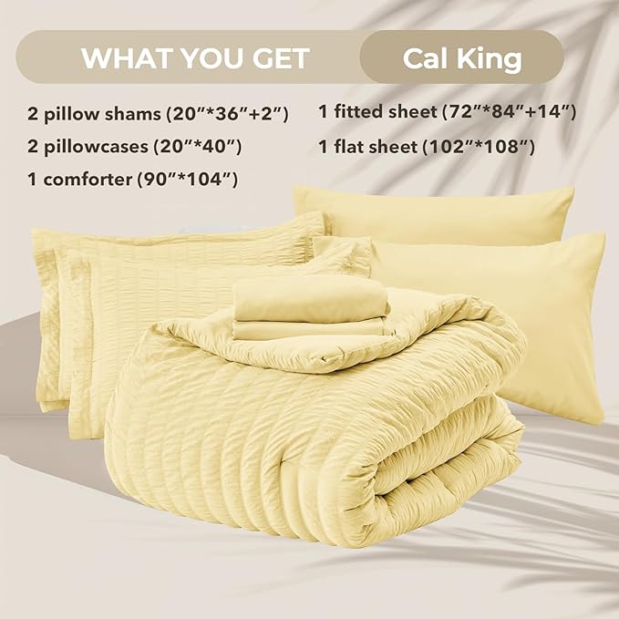 HYMOKEGE Yellow California King Comforter Set Seersucker 7 Pieces, All Season Luxury Bed in a Bag for Bedroom, Bedding Set with Comforter, Sheets, Pillowcases & Shams