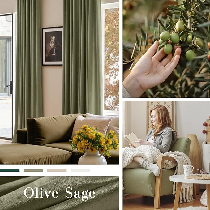 Lazzzy Velvet Blackout Curtains Thermal Insulated Room Window Drapes Super Soft Luxury Curtains for Living Room Bedroom Rod Pocket 2 Panels, Olive Sage, 52" W x 120" L
