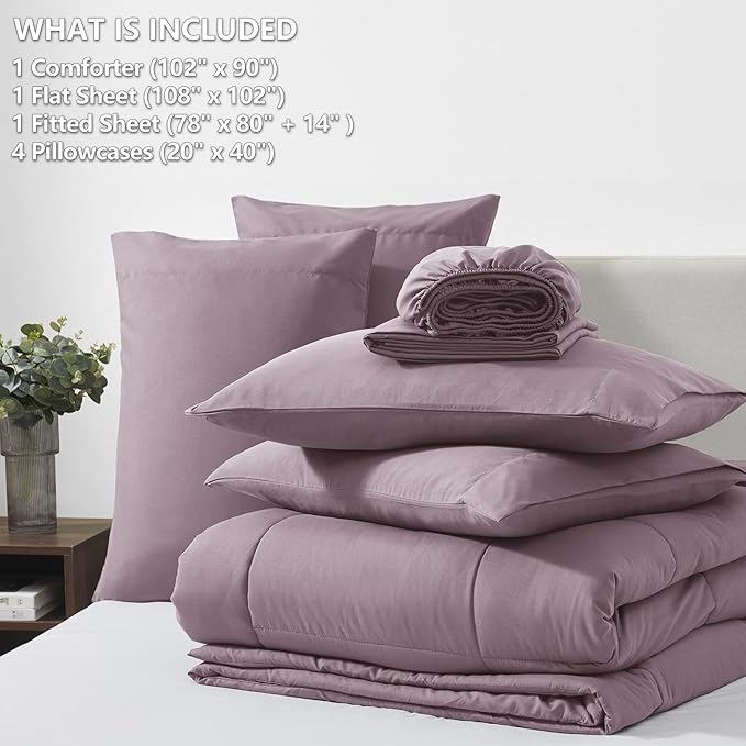 CozyLux King Size Comforter Set Dusty Purple - 7 Pieces Bed in a Bag Dusty Purple Comforter King Size, Bedding Set with All Season Quilted Comforter, Flat Sheet, Fitted Sheet, Pillowcases