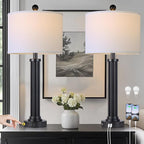 28" Tall Modern Table Lamps Set of 2 with USB C+A Ports and AC Outlet, 3 Way Touch Metal Bedside Lamps for Living Room, Black Nightstand Lamps for Bedroom