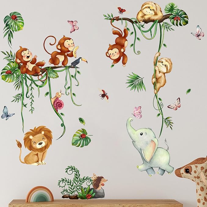 Jungle Animal Wall Stickers Forest Safari Wall Decals Kid Room Nursery Baby Bedroom Décor (Green Vine Monkey Elephant Butterfly)