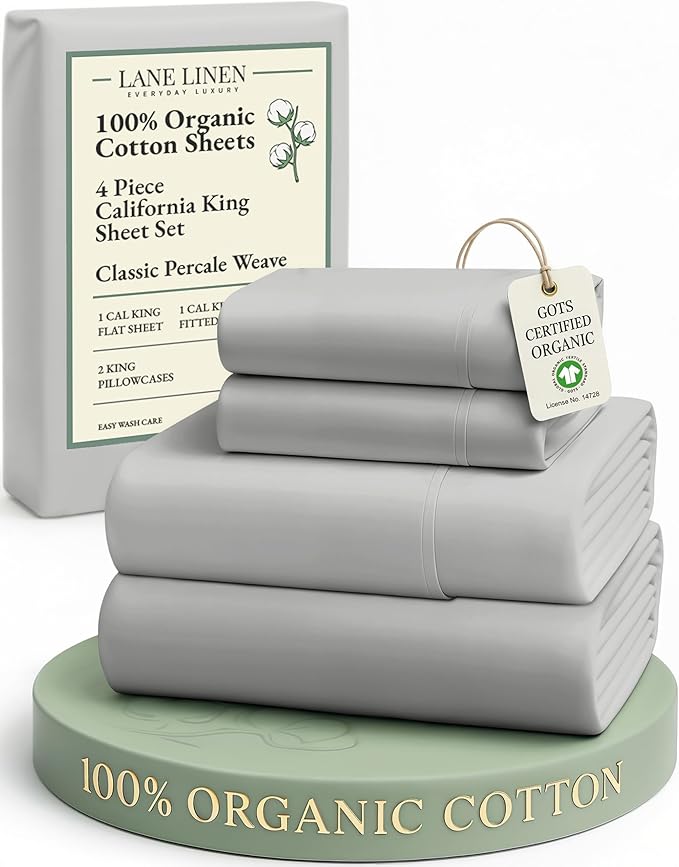 LANE LINEN 100% Organic Cotton California King Sheets Set, Fully Elasticized Reinforsed Seams in Fitted Pocket, Machine Washable Naturally Cooling All Season Cal King Sheet- Silver